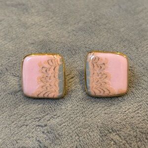 Pink & Gold Handmaid Square Ceramic Painted and Glossed Tile Earrings (Pierced)